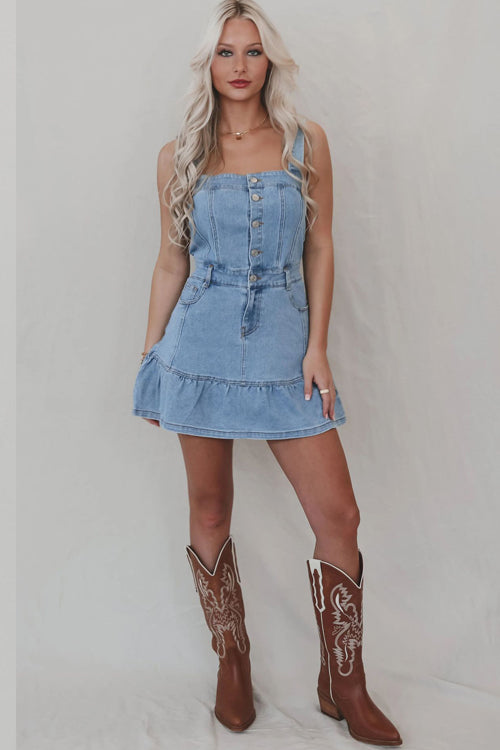 Square Neck Button Front Pocket Tiered Ruffle Denim Mini Dress 2