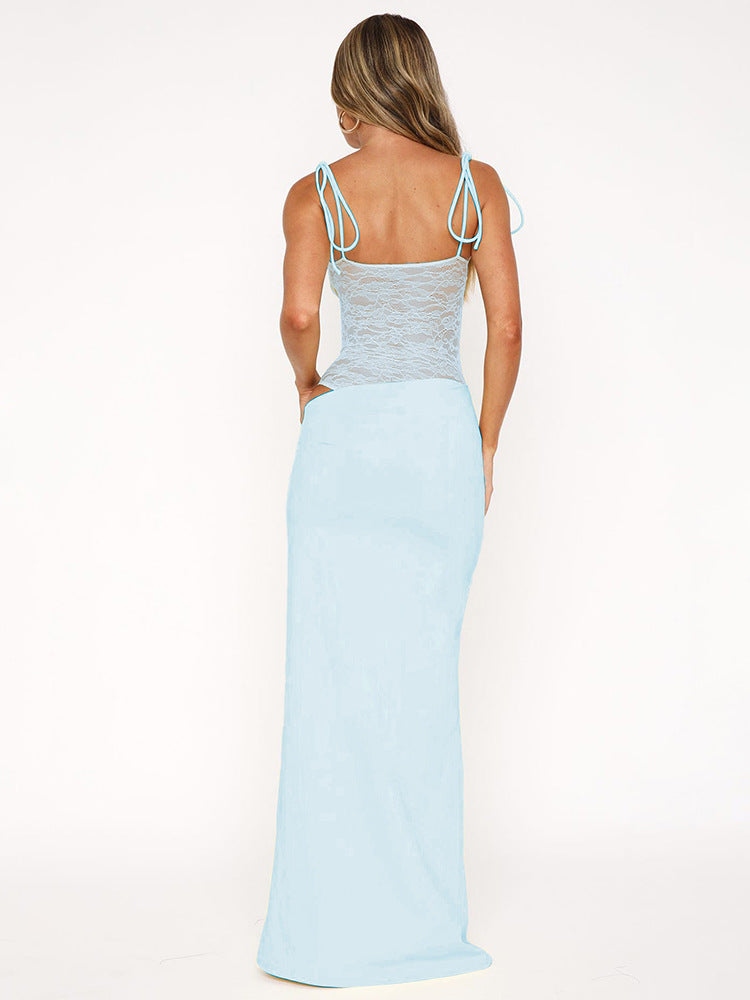 Spaghetti Bow Strap Lace Midriff Wrap Waist Column Maxi Dress 4
