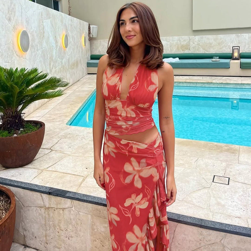Halter Plunging V Neck Floral Ruched Ruffle Side Slit Maxi Set 4