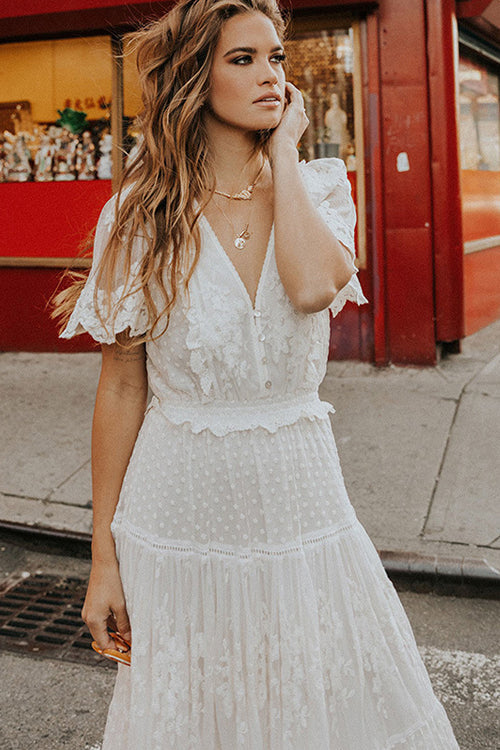 V Neck Short Sleeve Swiss Dot Lace Tiered Scalloped Hem Maxi Dress 4