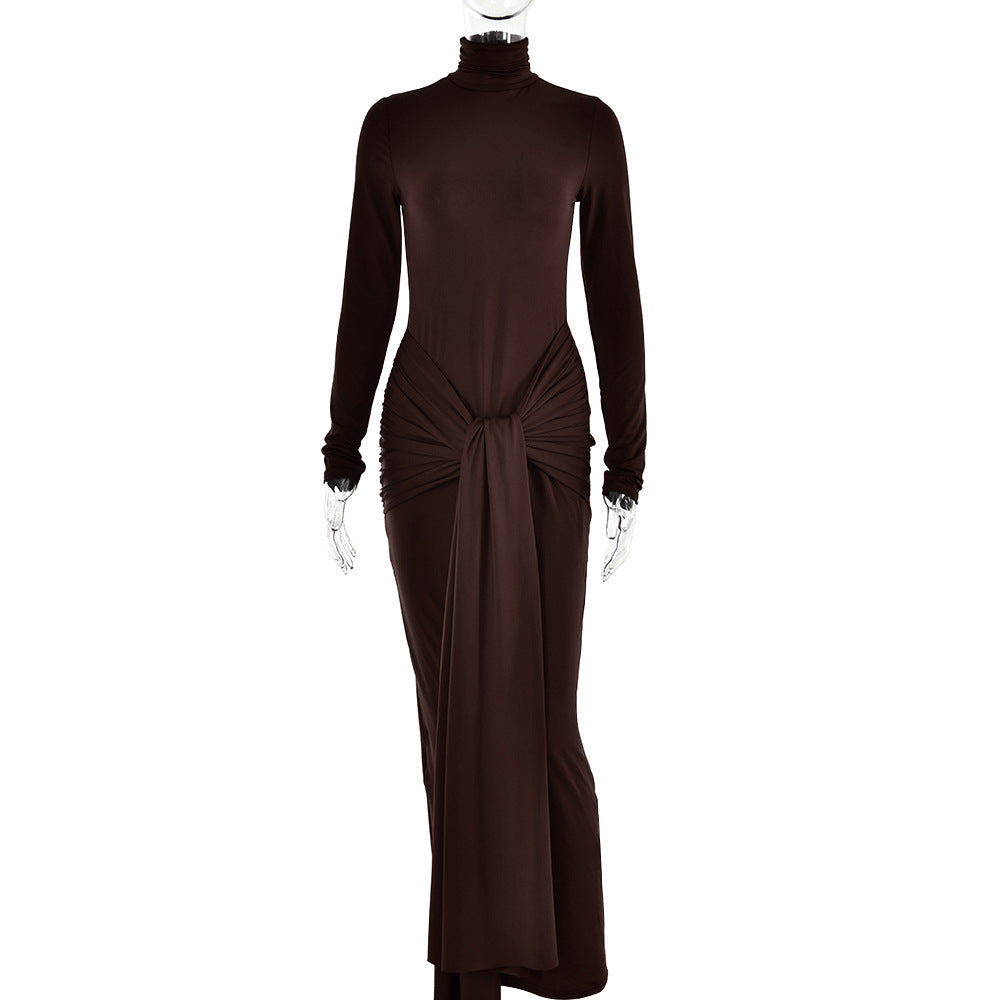 Long Sleeve Mock Neck Front Knot Draped Train Maxi Dress 3