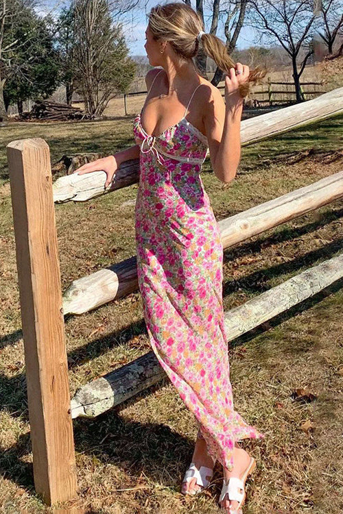 Sweetheart Lace Trim Tie Front Ditsy Floral Maxi Dress