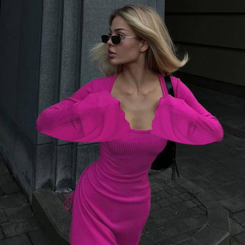 Scoop Neck Long Sleeve Bell Cuff Rib Knit Maxi Dress 4