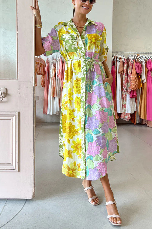 Collared Button Down Short Sleeve Drawstring Patchwork Floral Midi Shirt Dress
