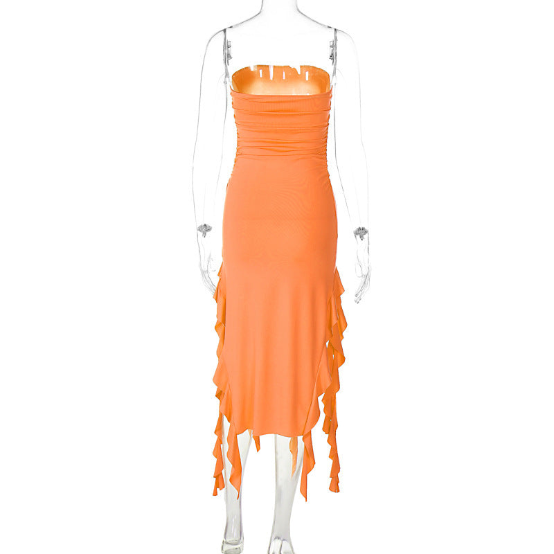 Strapless Ruched Double High Slit Ruffle Trim Pooling Hem Midi Dress 4