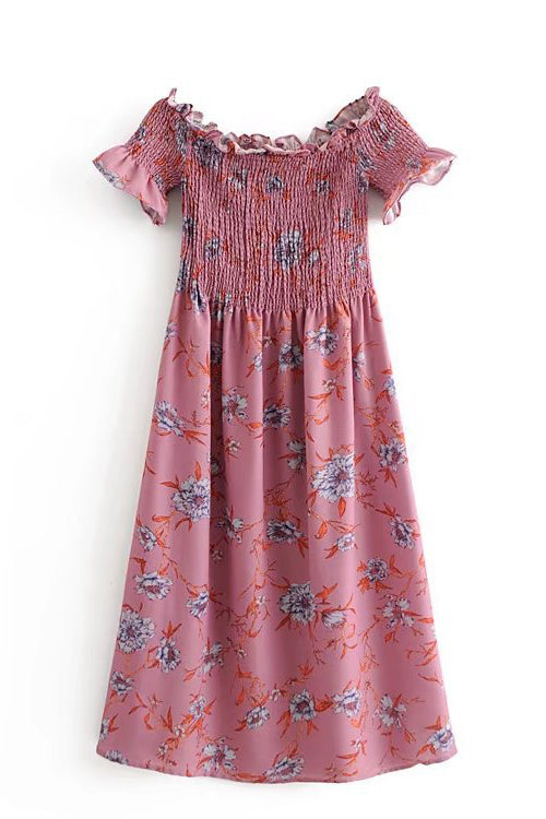 Off Shoulder Smocked Floral Ruffle Sleeve Midi Dress 3