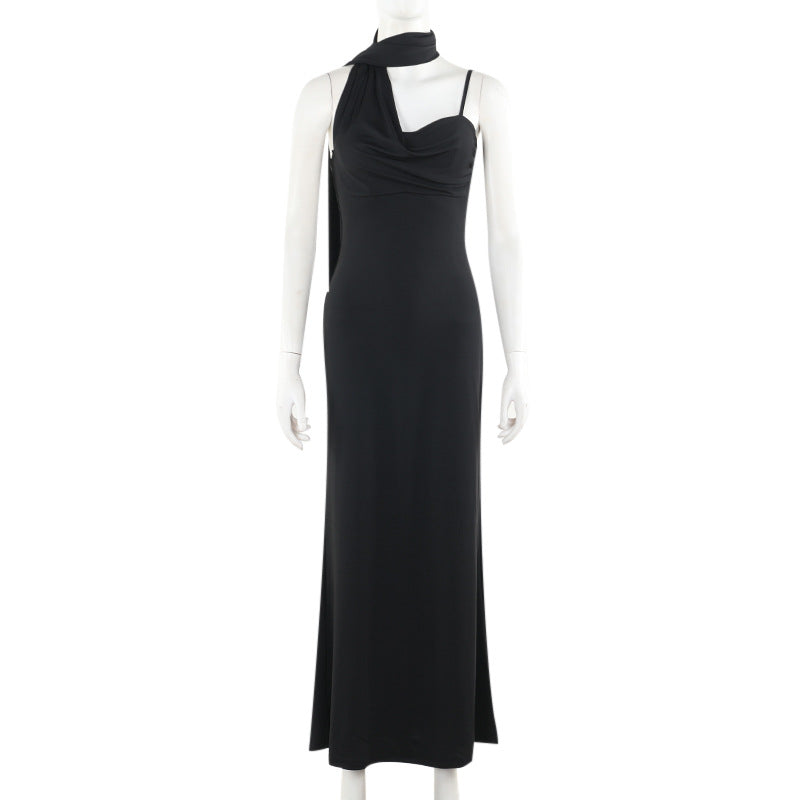 Cowl Neck Spaghetti Strap Mermaid Column Maxi Gown With Neck Scarf 4