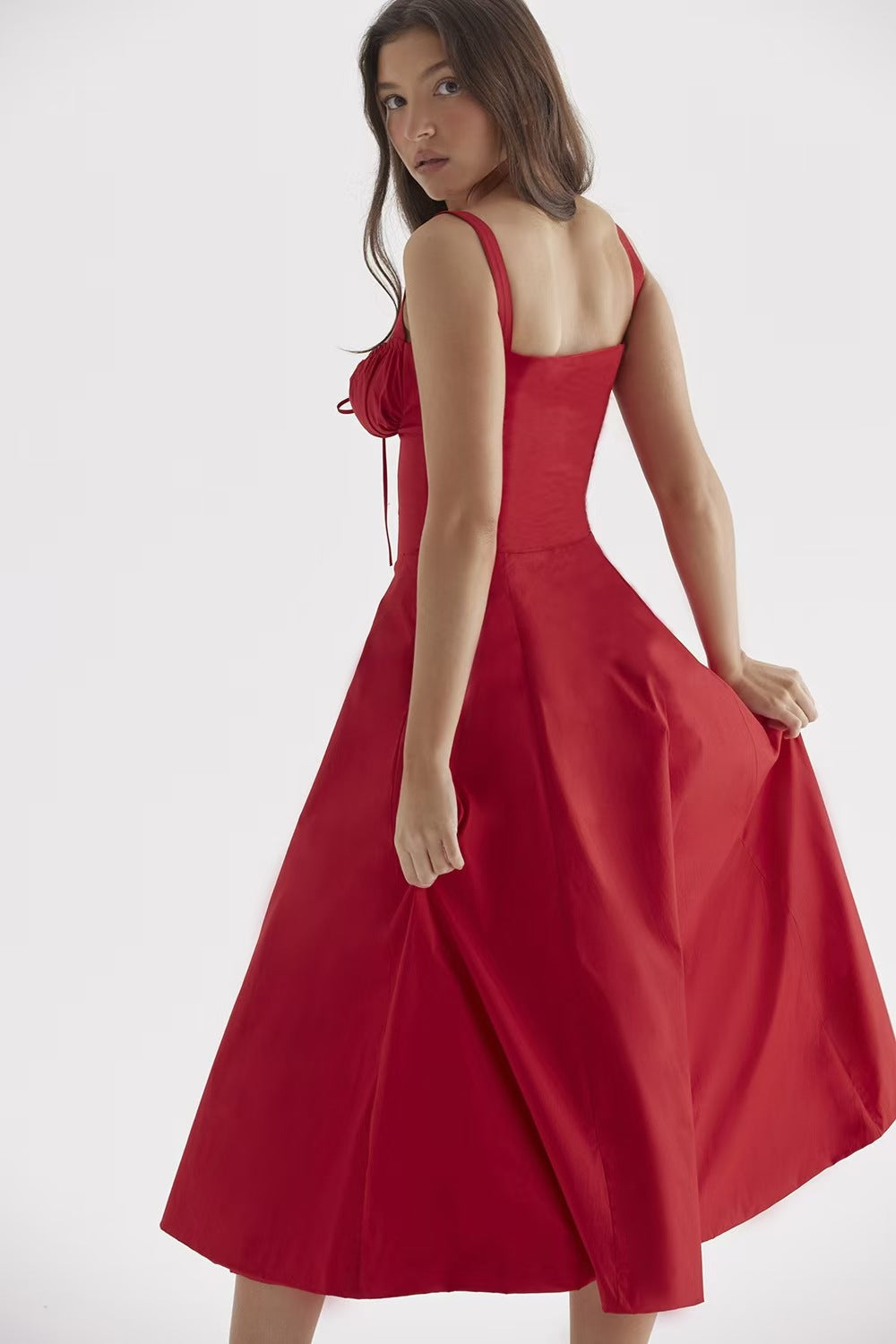 Tie Strap Ruched Sweetheart Corset Bodice Midi Dress 4