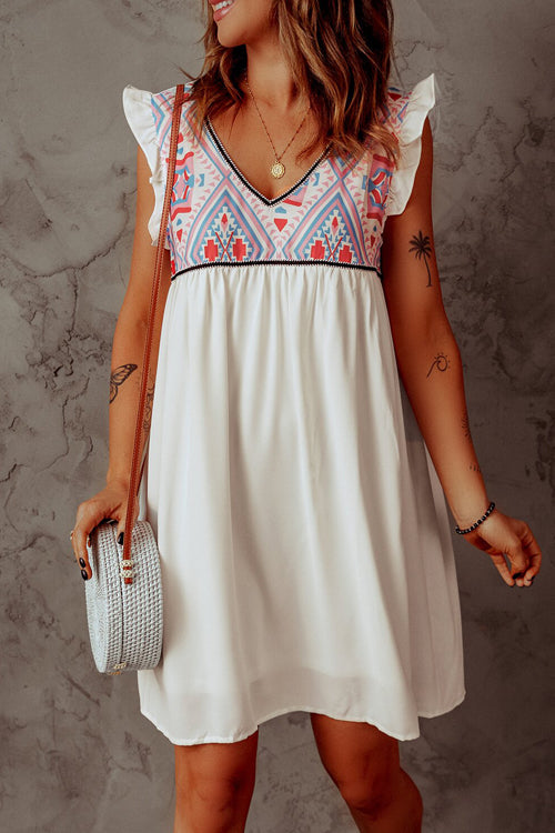 Deep V Neck Ruffle Trim Geometric Print Babydoll Mini Dress