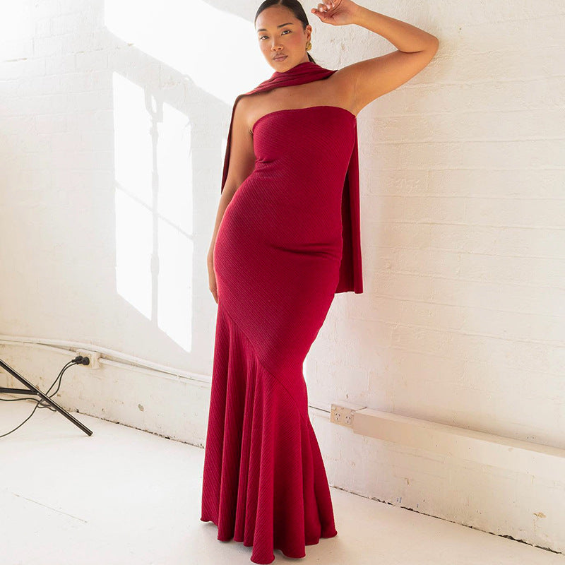 Strapless Ribbed Texture Trumpet Mermaid Matching Scarf Maxi Gown 7