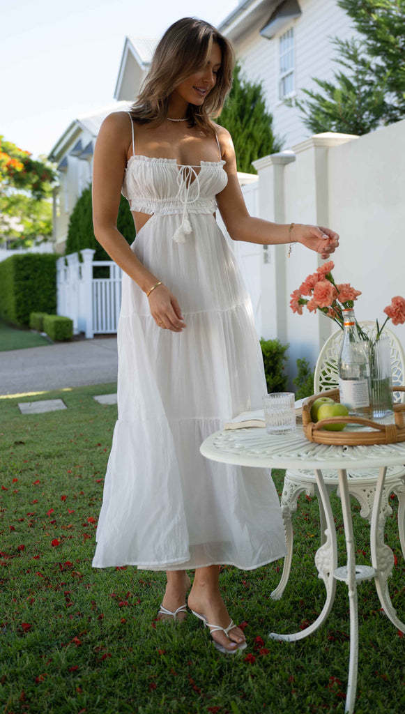 Spaghetti Strap Smocked Tie Tassel Side Cutout Tiered Crinkle Maxi Dress 4