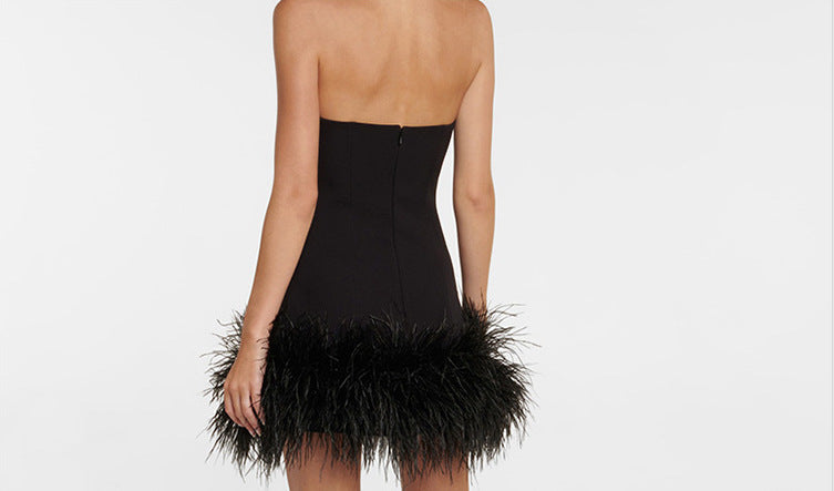 Strapless Bandeau Ostrich Feather Trim Bodycon Mini Dress 3