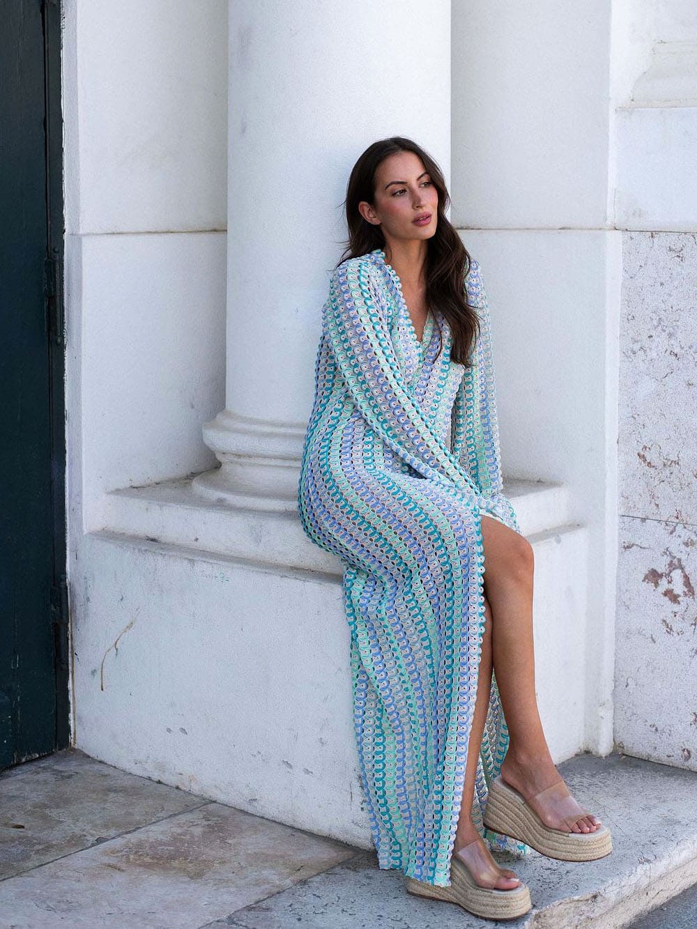Wavy Stripe Crochet Deep V-Neck Long Sleeve Front Slit Maxi Dress