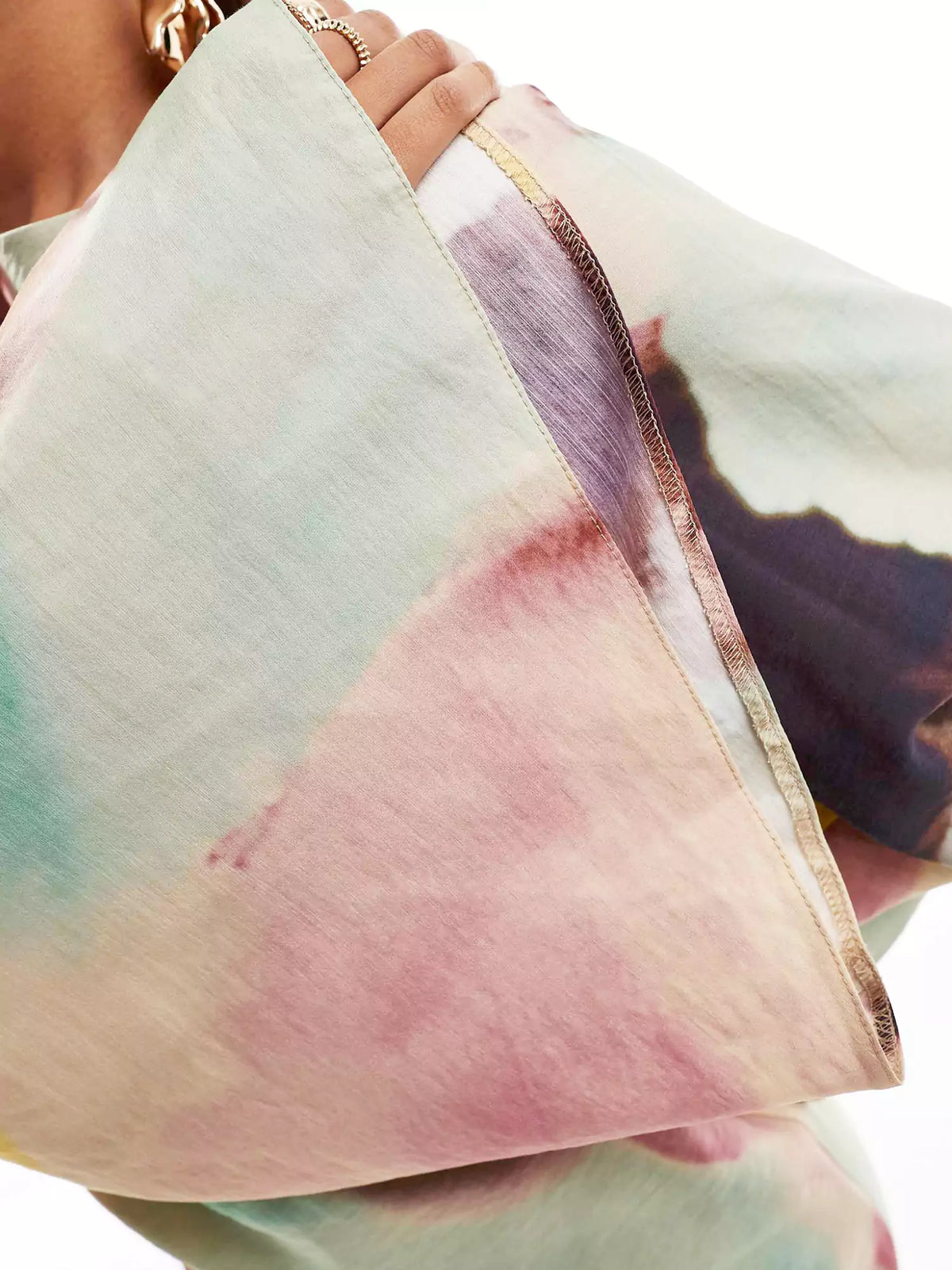 Abstract Watercolor Print Boat Neck Bell Sleeve Maxi Dress 4