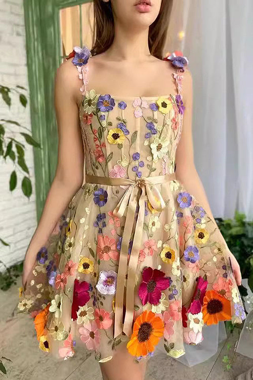 Square Neck Spaghetti Strap 3D Floral Applique Sheer Mesh Mini Dress 2