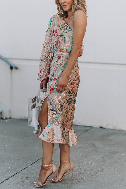 One Shoulder Bishop Sleeve Tie Waist Wrap Slit Floral Print Midi Dress 6