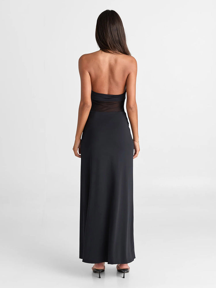 Halter Neck Mesh Waist Cutout Column Maxi Dress 3