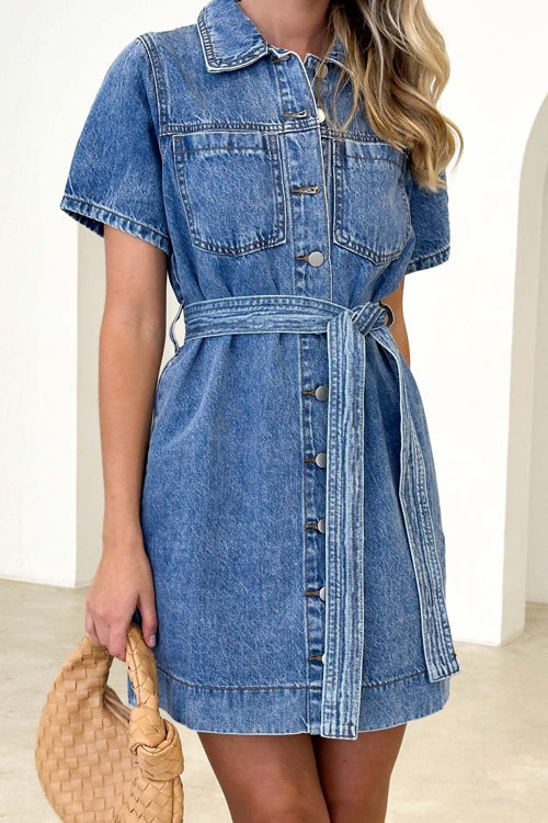 Collared Short Sleeve Button Down Chest Pocket Belted Denim Mini Dress 3