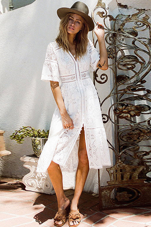 Deep V Neck Short Bell Sleeve Button Front Lace Panel Midi Dress