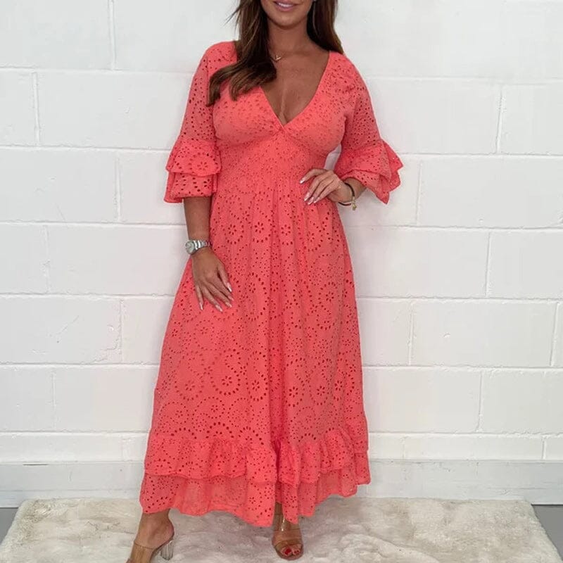 Broderie Anglaise Deep V-Neck Smocked Waist Tiered Ruffle Cuff Maxi Dress 7