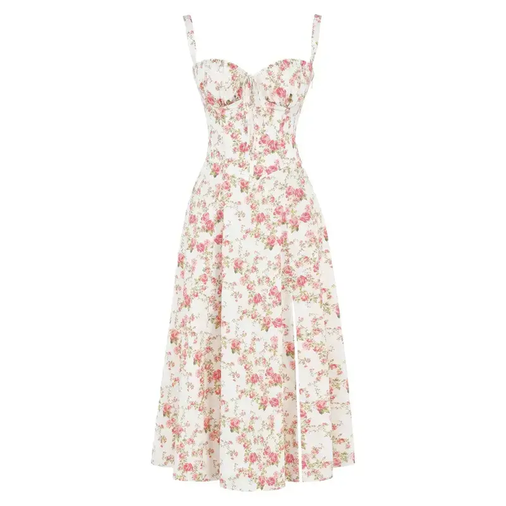Floral Lace Up Back Spaghetti Strap Corset Fit and Flare Midi Dress 24