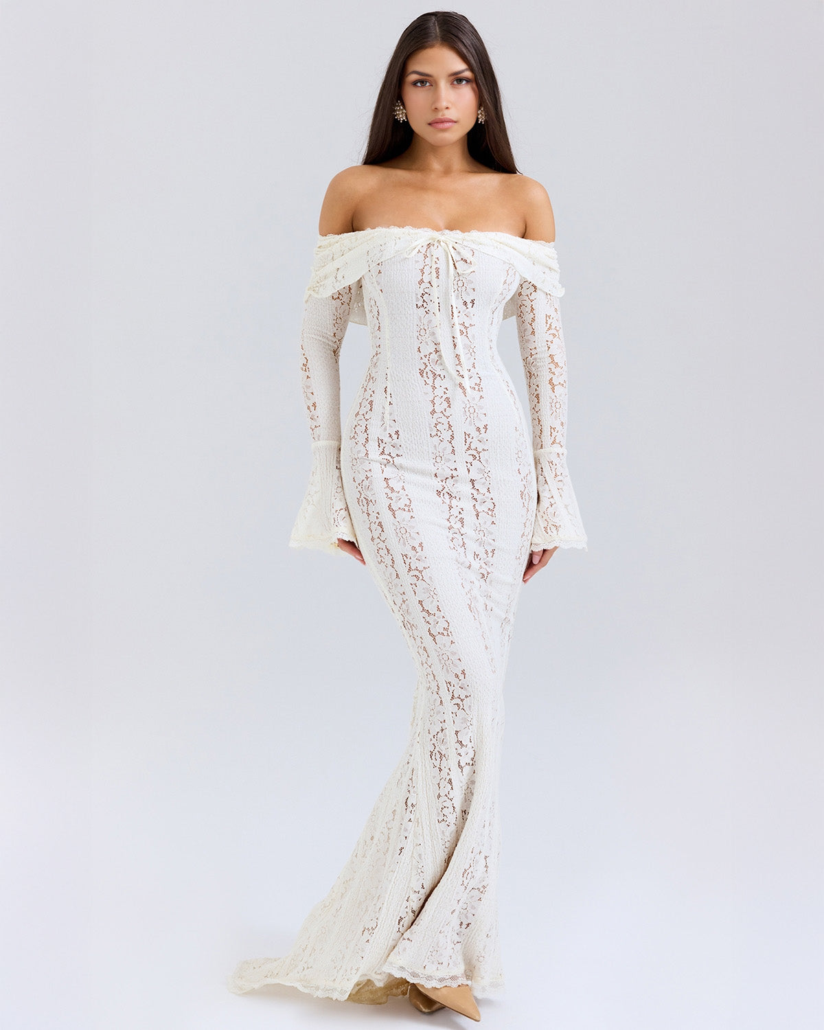 Off Shoulder Lace Ruffle Collar Bell Cuff Mermaid Maxi Gown 4