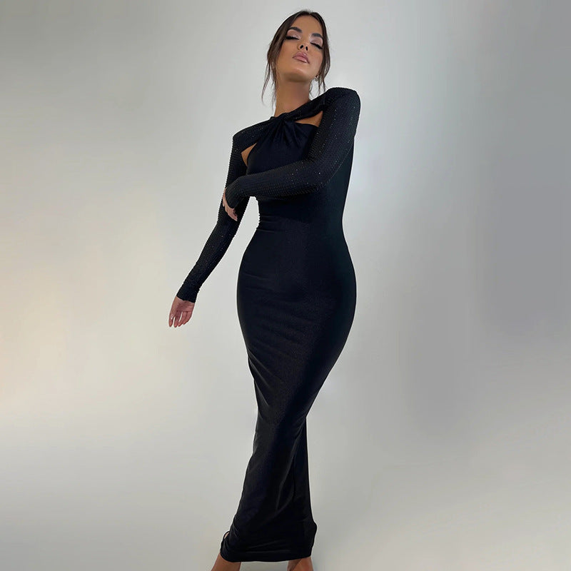 Halter Neck Shoulder Cutout Beaded Sleeve Maxi Gown 3