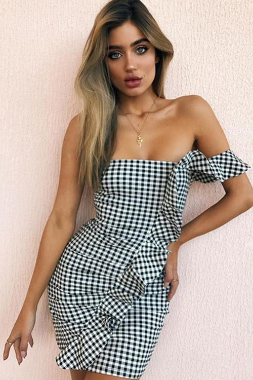 Square Neck Ruffle Trim Tartan Shift Mini Dress 4