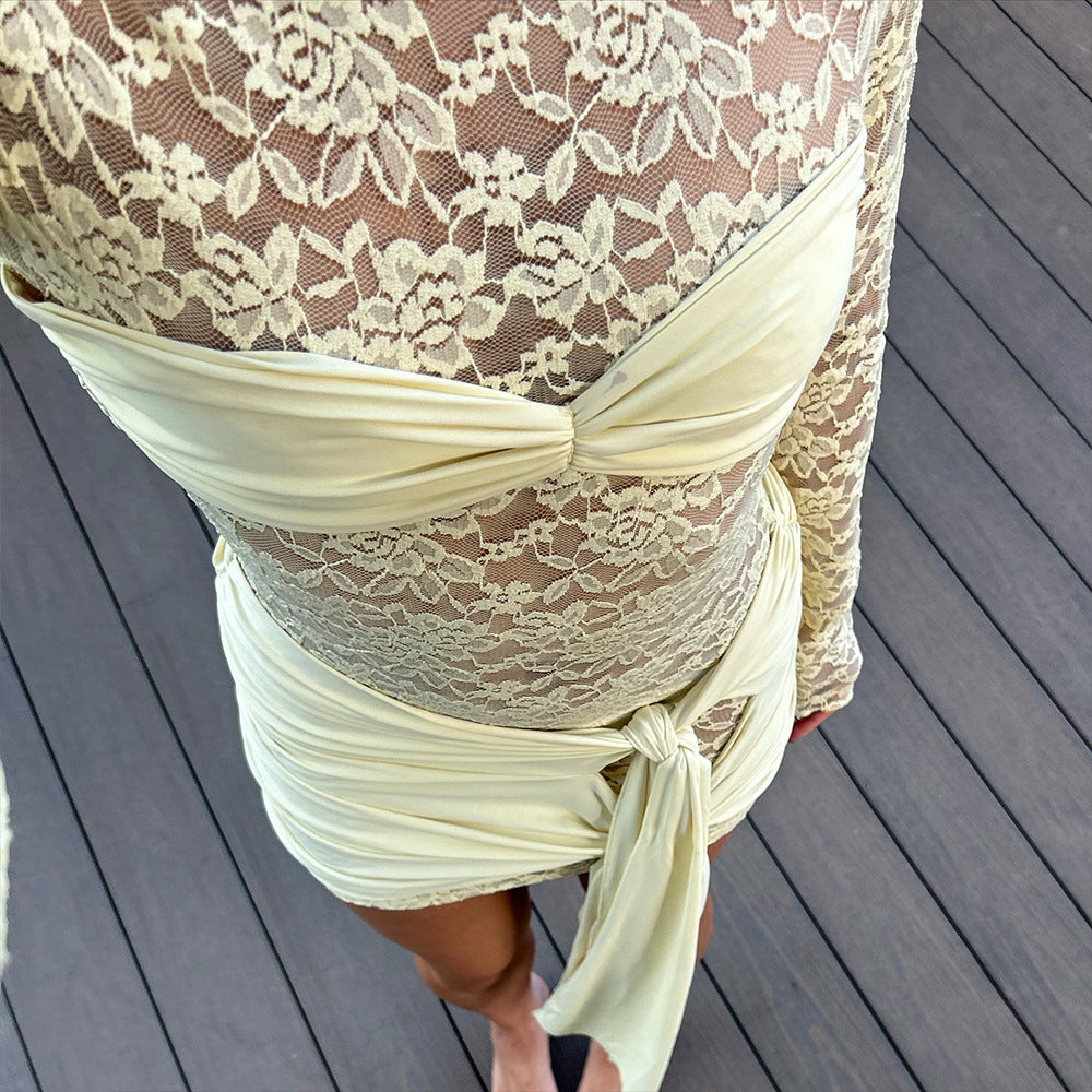 Floral Lace Long Sleeve Bustier Ruched Sash Drape Mini Dress 4