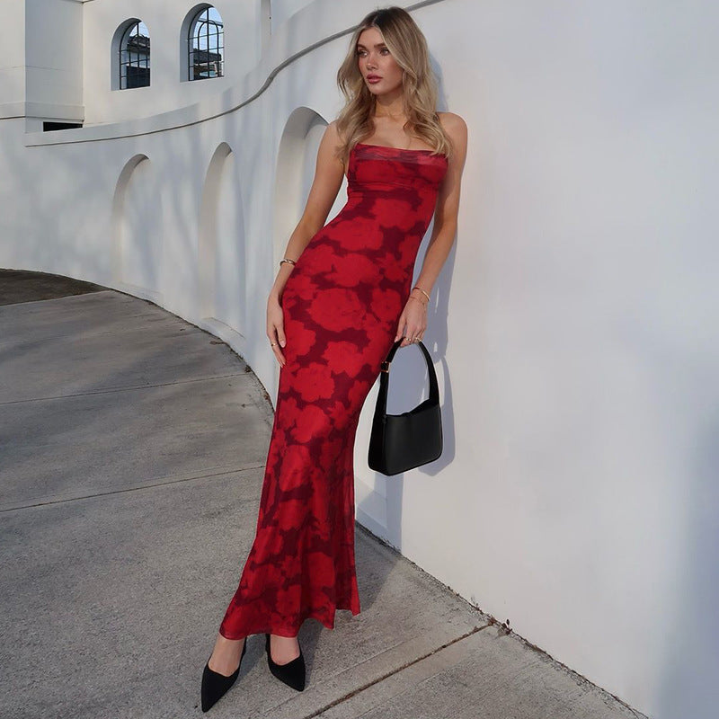 Square Neck Spaghetti Strap Floral Mesh Midi Dress 4
