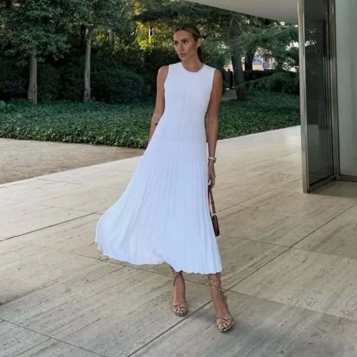 Rib Knit Bodice Accordion Pleated Skirt Sleeveless Maxi Dress 2