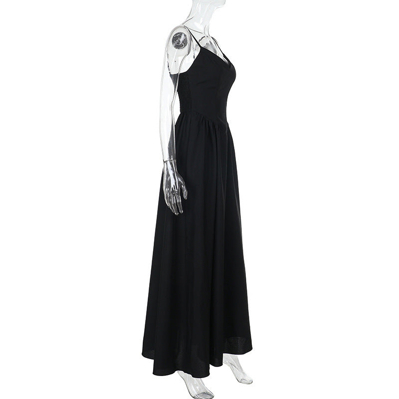 Spaghetti Strap V Neck Dropped Waist Gathered Front Slit Maxi Dress 4