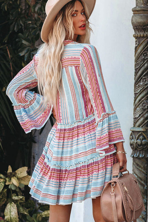 V Neck Split Collar Bell Sleeve Mixed Stripe Tiered Mini Dress 3