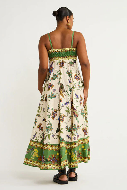 Spaghetti Strap Empire Waist Bird Botanical Border Print Pocket Maxi Dress 6
