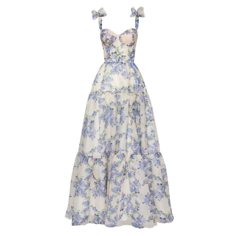 Off Shoulder Corset Bodice Tiered Floral Print Ball Gown 4