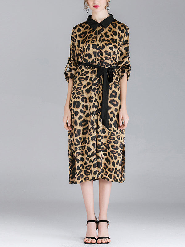 Contrasting Lapel Spotted Print Button Front High Slit Midi Shirt Dress 4