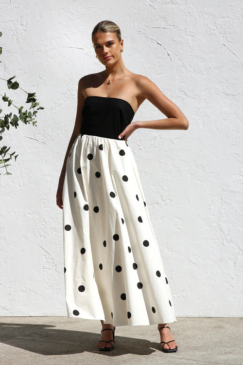 Strapless Polka Dot Gathered Waist Tiered Maxi Dress 4