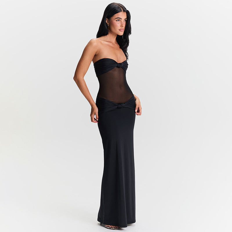 Halter Deep V Ruched Bodice Center Panel Drape Maxi Gown 4