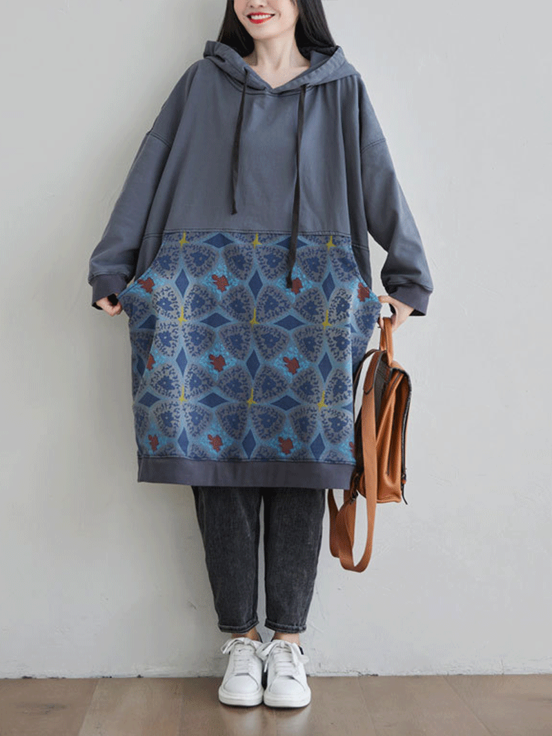 Hooded Kangaroo Pocket Geometric Print Oversized Mini Sweatshirt Dress 2