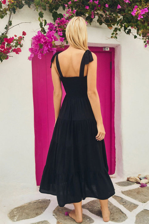 Square Neck Smocked Bow Strap Tiered Ruffle Hem Maxi Dress 2