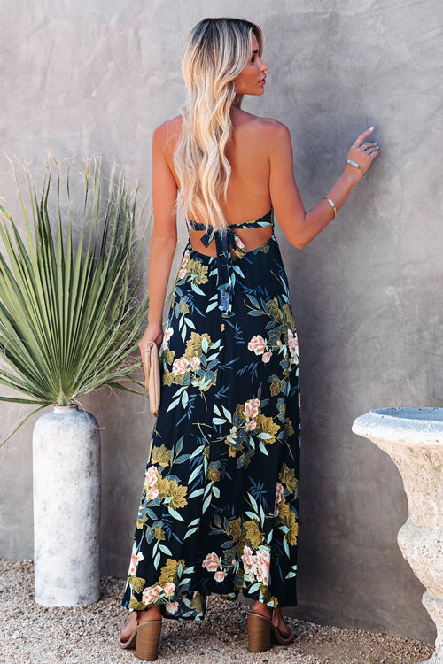 Halter Neck Smocked Waist Floral Print High Slit Maxi Dress 2