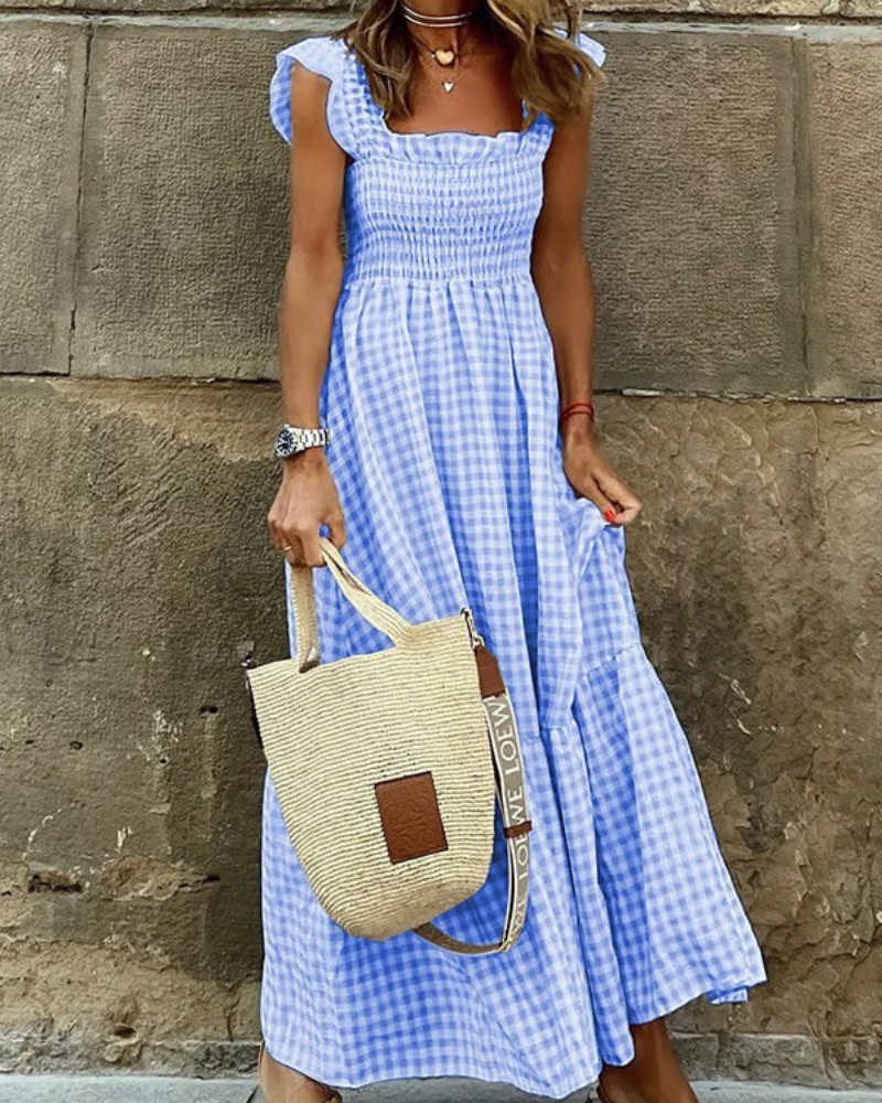 Gingham Smocked Square Neck Flutter Sleeve Tiered Maxi Dress 3