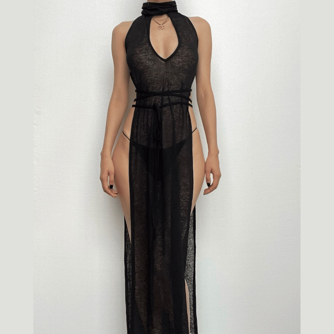 Sleeveless Hooded Mask Keyhole Cutout Sheer Panel Maxi Dress 8