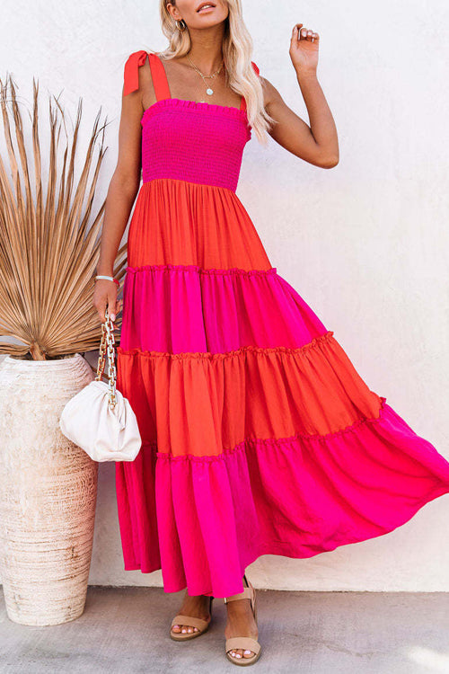 Smocked Square Neck Shoulder Tie Bow Tiered Ruffle Maxi Dress