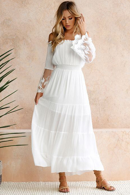 Off Shoulder Smocked Lace Cuff Bell Sleeve Tiered Maxi Dress 5