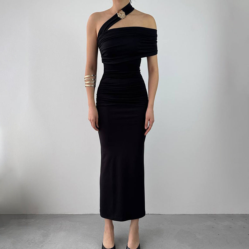 One Shoulder Cutout Ruched Draped Column Maxi Gown 4