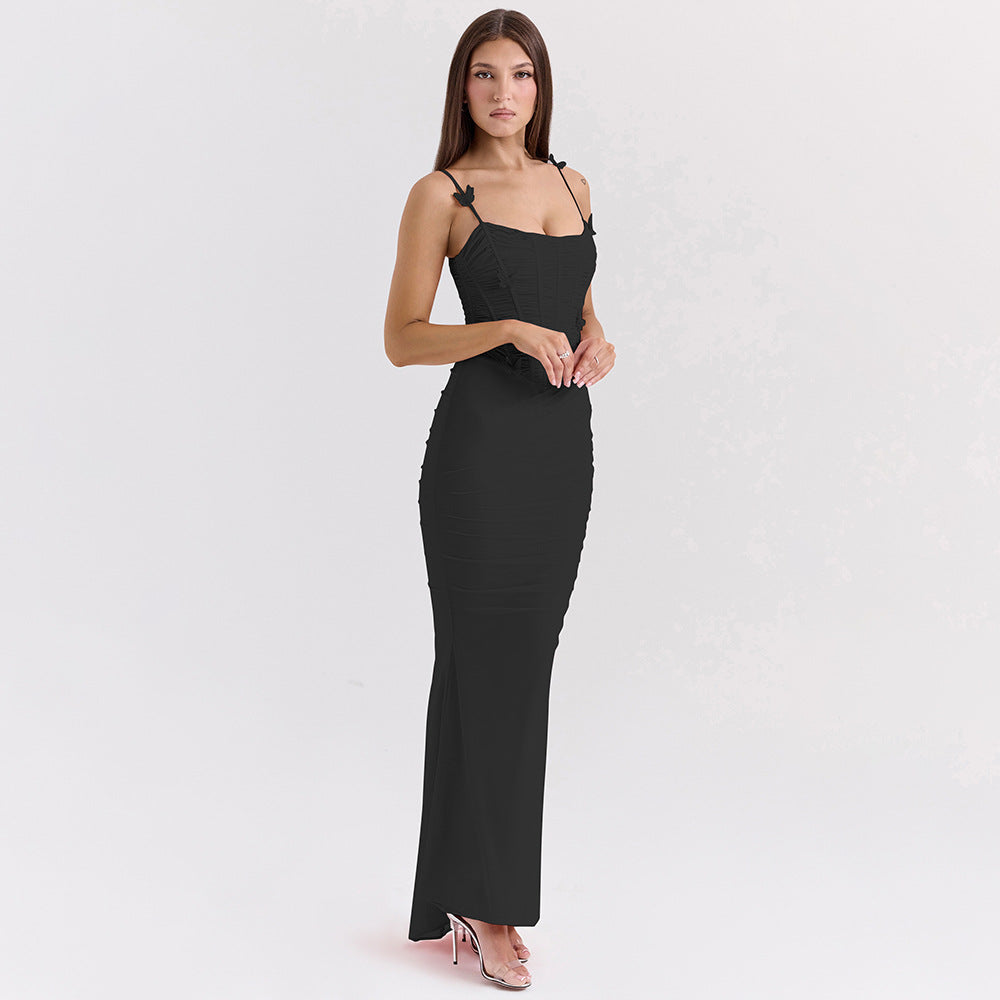 Spaghetti Strap Butterfly Applique Corset Boned Ruched Mermaid Maxi Dress 4