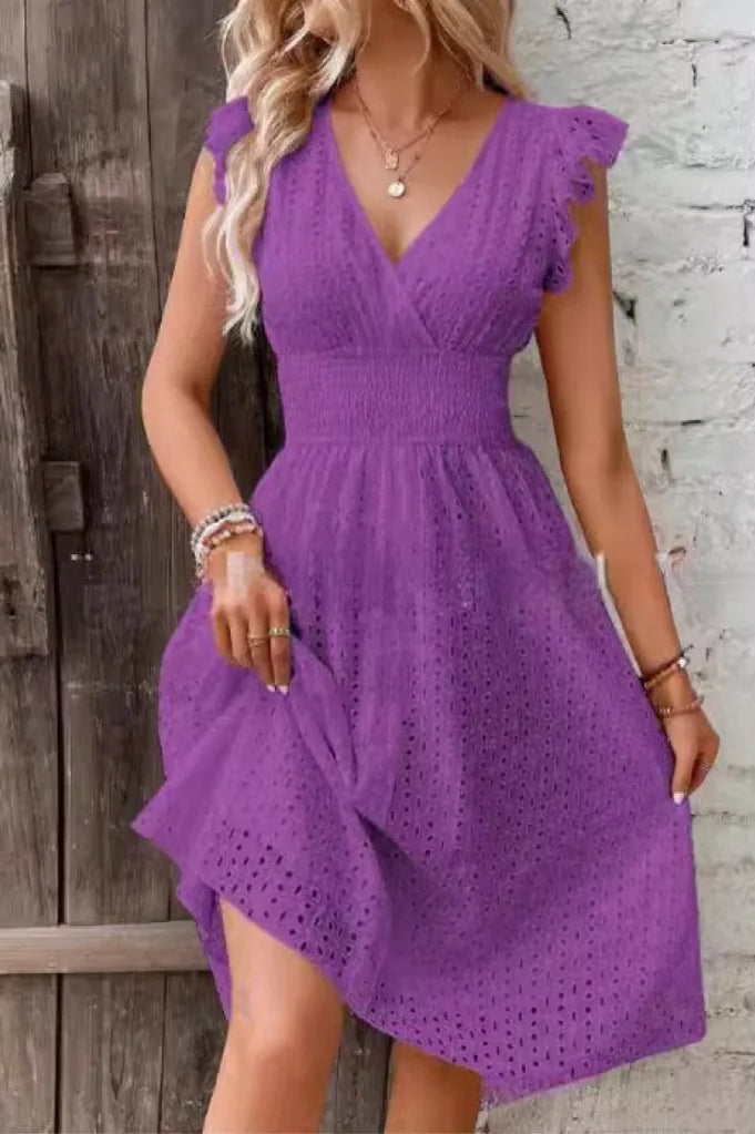 Eyelet Lace V-Neck Ruffle Cap Sleeve Smocked Waist A-Line Midi Dress 10