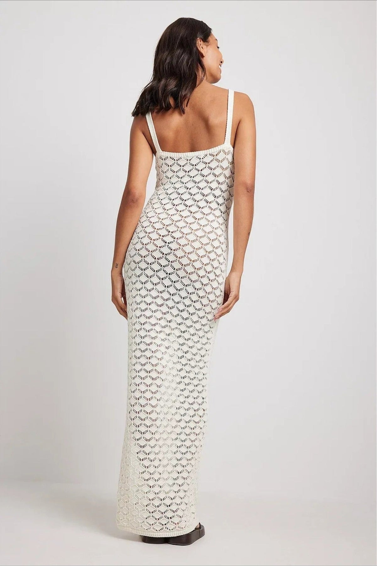 Pointelle Crochet Knit Sweetheart Spaghetti Strap Side Slit Maxi Dress 4