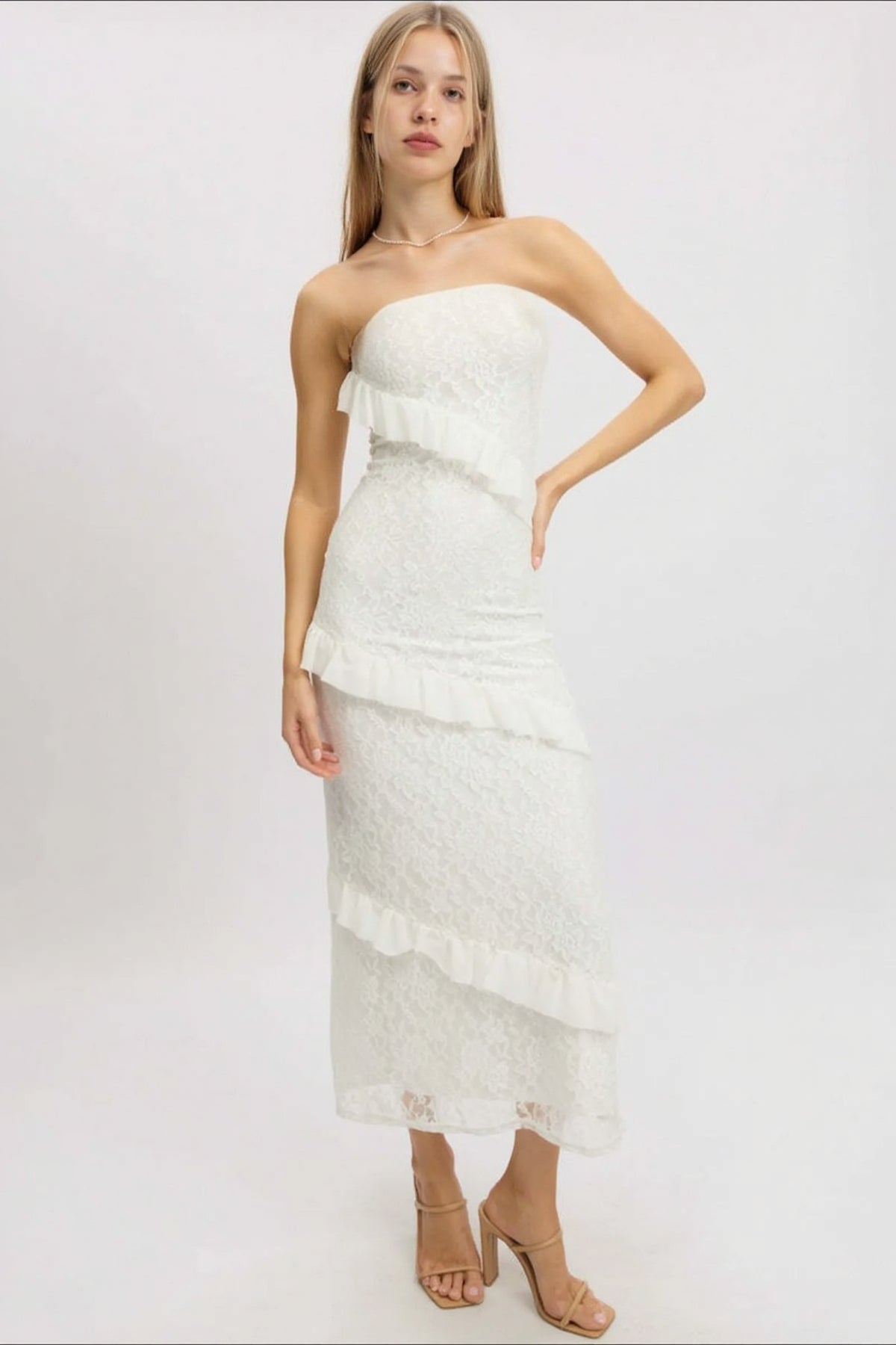 Strapless Diagonal Ruffle Overlay Floral Lace Bodycon Midi Dress
